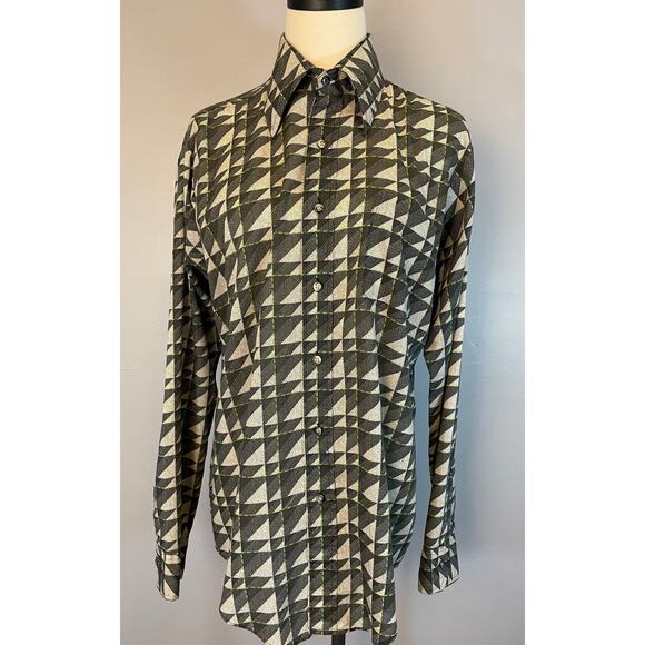 Vtg 70s Geometric Abstract Pointillism Button Front Disco Shirt Dagger Collar LG - Picture 6 of 10